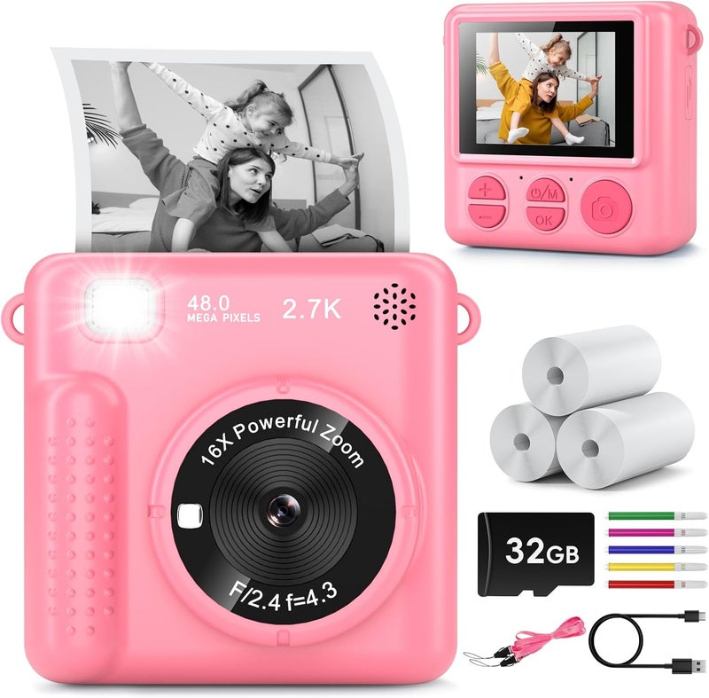 GREENKINDER Kids Camera Instant Print, Christmas Birthday Gifts for Girls Boys Age 3-12，HD Selfie Kids Digital Camera, Portable Travel Toy for 3 4 5 6 7 8 9 10 Year Old Girls (Pink) - Image 1